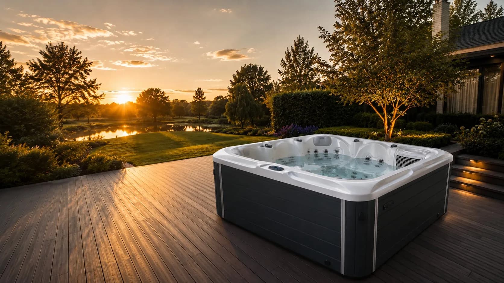 Premium Vince spa op een houten terras in een verzorgde tuin bij avondlicht